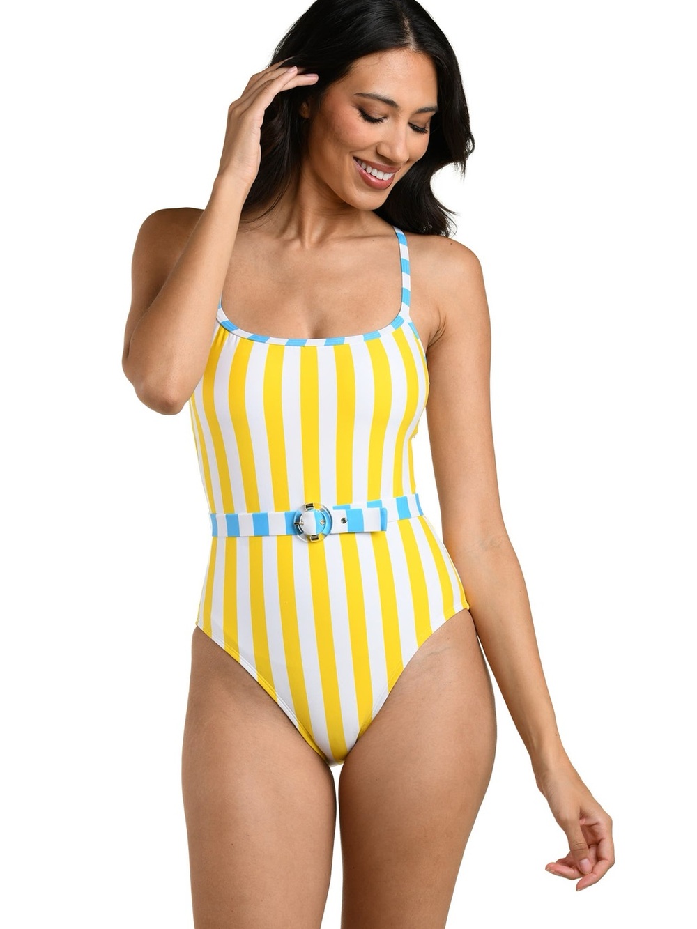 La Blanca Yellow & White Striped One-Piece with Sky Blue Trim